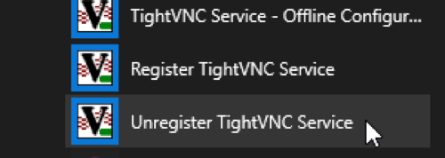 Capture des actions possibles pour TightVNC dans le menu Windows, clic sur Unregister TightVNC Service.