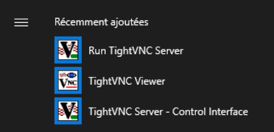 Capture des raccourcis proposés par VNC dans le menu Windows : - Run TightVNC Server - TightVNC Viewer - TightVNC Server Controle Interface