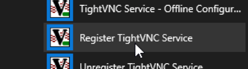 Capture des actions possibles pour TightVNC dans le menu Windows, clic sur Register TightVNC Service.