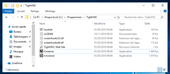 Capture des fichiers du répertoire d'installation de TightVNC.
