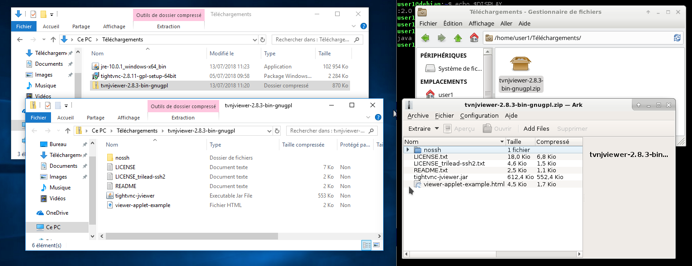 Contenu des fichiers téléchargés avec TightVNC Viewer (capture de Windows à gauche et Linux à droite).
