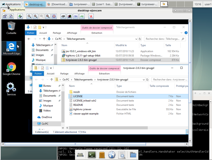 Capture d'écran d'un bureau Linux avec la fenêtre de visualisation de l'écran du poste distant qui lui est sous Windows.