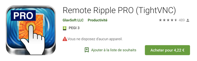 Capture de la fiche descriptive et du logo de l'application Android Remote Ripple PRO (TightVNC) (4,22€).