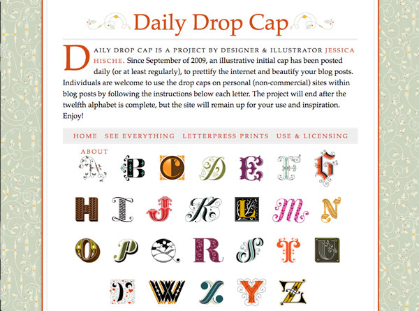 Daily Drop Cap screenshot with description of the project, and one alphabet visible.