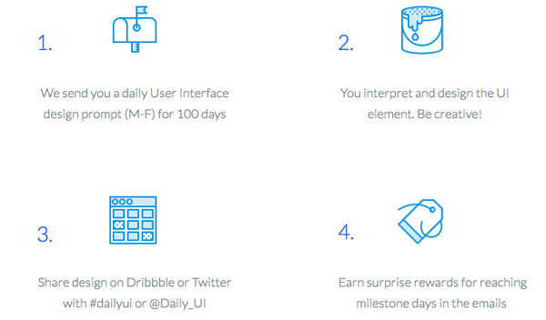 Four icons with four steps from the DailyUI homepage.