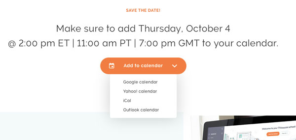 Save the date for a webinar includes a feature with a drop down menu to add it to your calendar. Different time zones are listed for clarity.