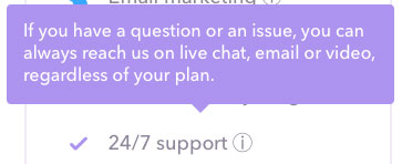 Support scroll over which tells users that 24/7 support also includes email, live chat, and video.