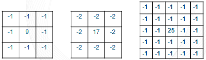 3 filtres différence : 3x3 , 3x3 avec facteur multiplicatif = 2, 5x5