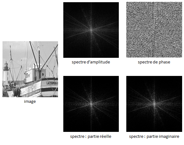 Spectre d'une image : représentation par le spectre d'amplitude et de phase (en haut) ; représentation par la partie réelle et la partie imaginaire (en bas)