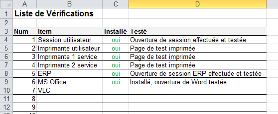 Exemple de liste de vérifications (« check-list ») sur un tableur