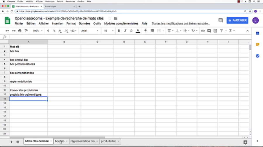 Excel de recherche de mots clés