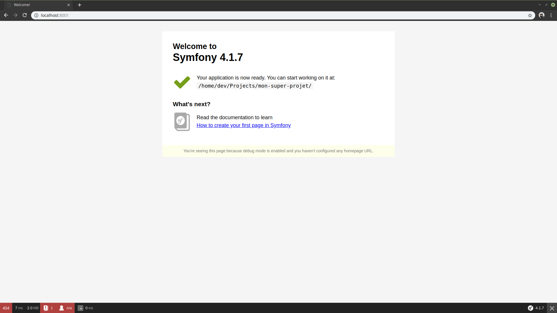 Page d'accueil du framework Symfony