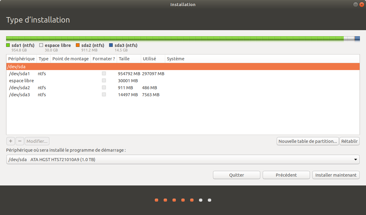 Mes partitions selon l'installateur Ubuntu