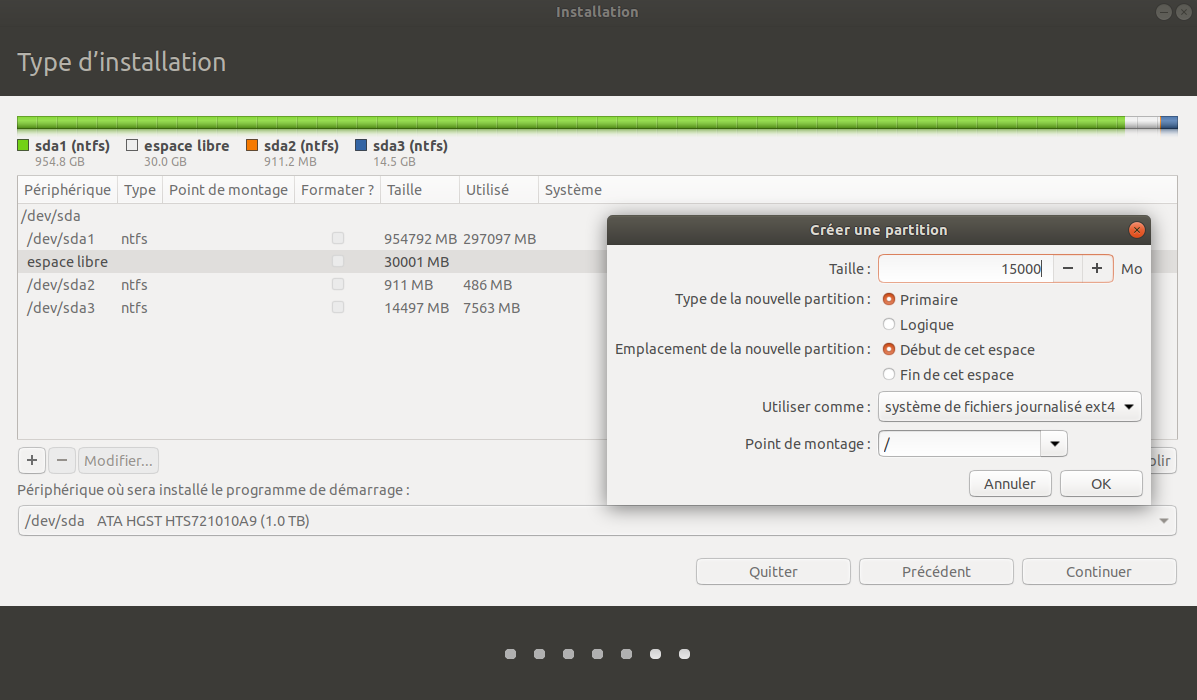 Creéation de la première partition pour Ubuntu