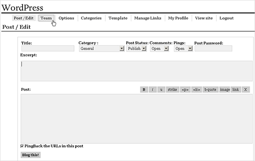 Interface de la première version de WordPress