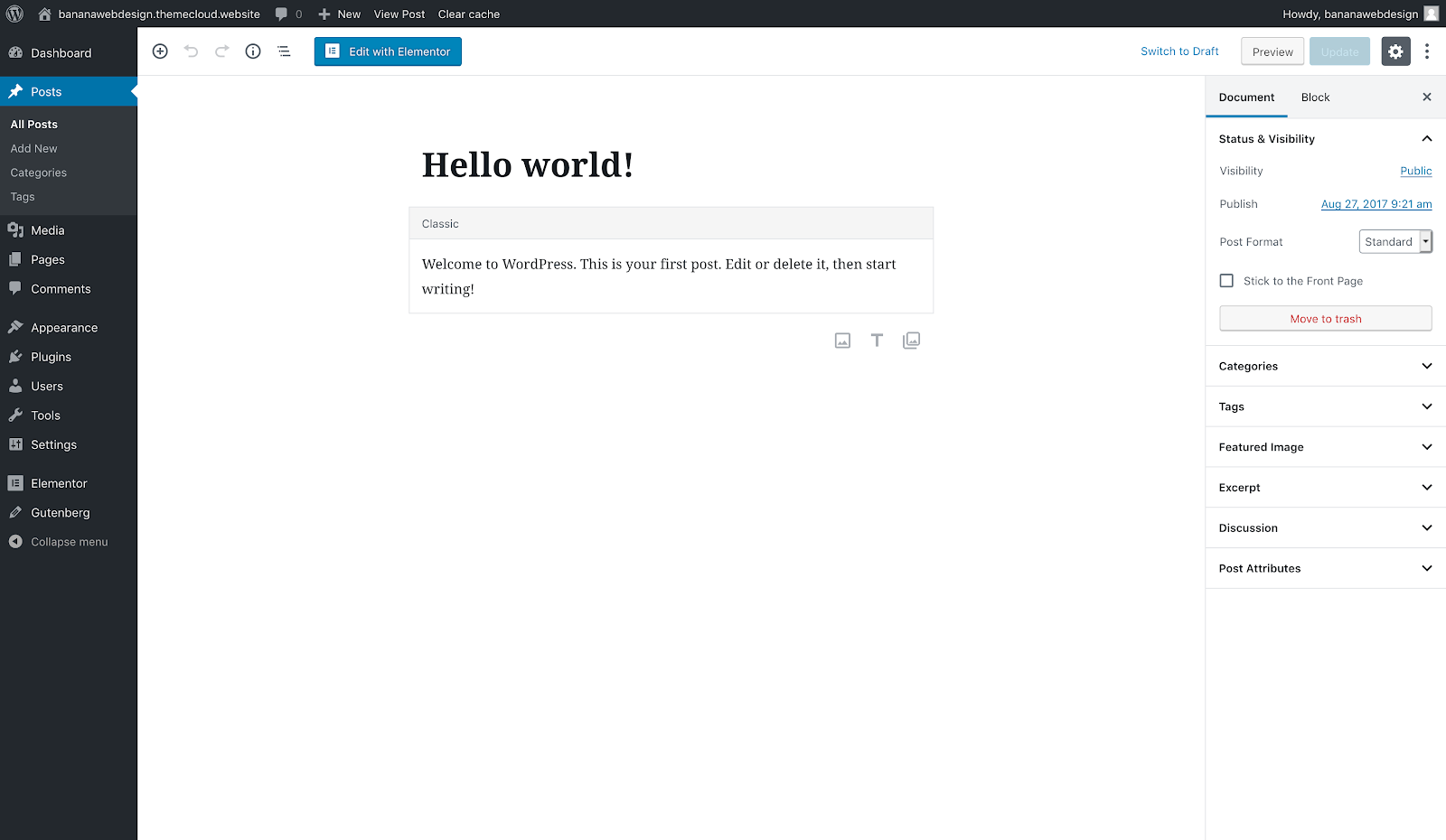 Interface de la version 4.9.8 de WordPress avec Gutenberg activé