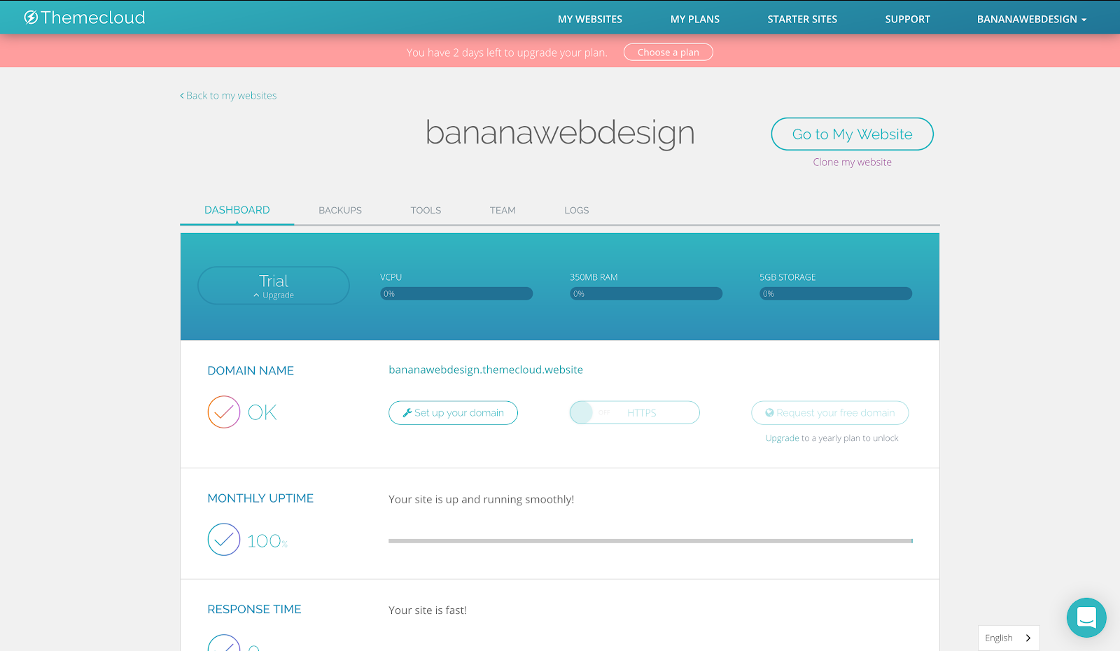 Interface d’administration de l’hébergeur Themecloud