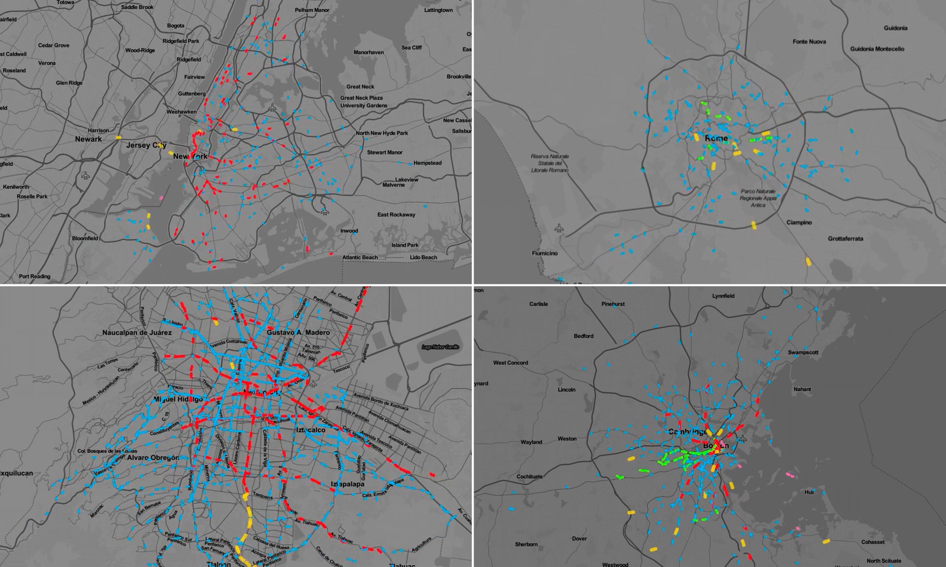 Images fixes issues de cartes animées de fréquences de transit, de New York à Rome. Auteur: Will Geary