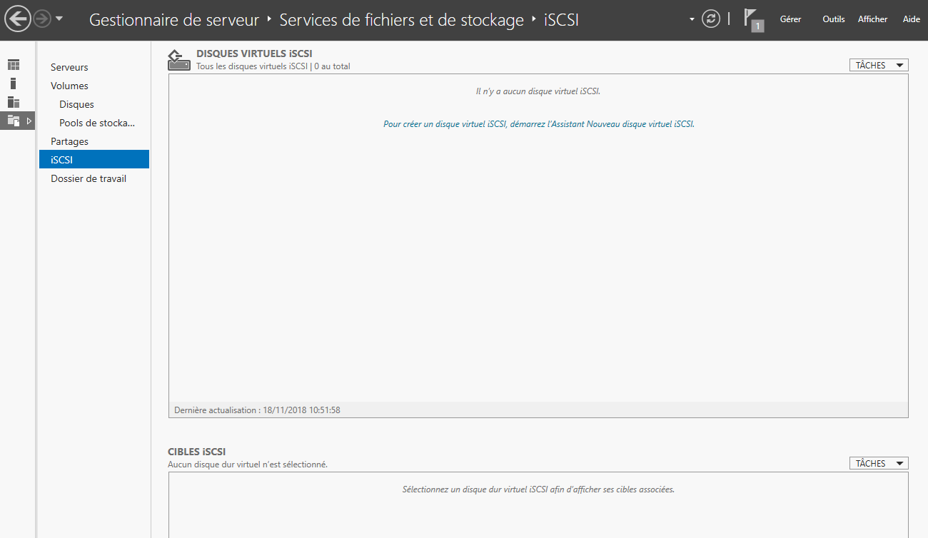 Assistant iSCSI du gestionnaire de serveur, au sein du rôle de Stockage (services de fichiers et de stockage)