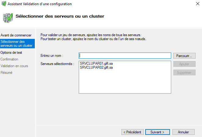 Validation des deux serveurs SRVCLUPAR01 et SRVCLUPAR02 pour un cluster à basculement