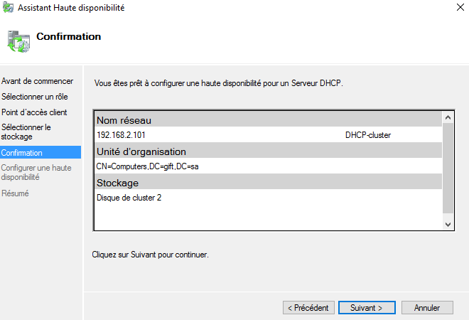 Récapitulatif de la configuration du rôle DHCP en cluster