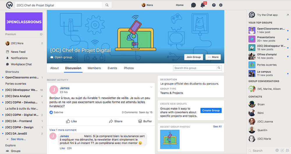 Une vue de la page de discussion du parcours Chef de projet Digital sur Workplace