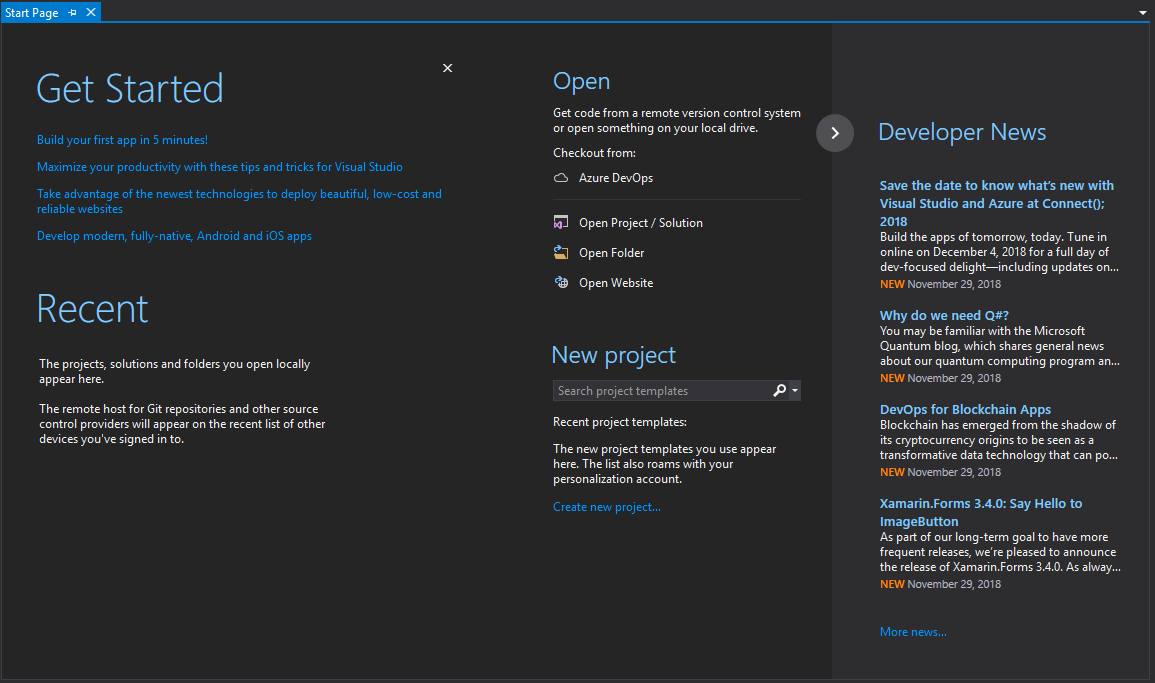 Visual Studio's start page