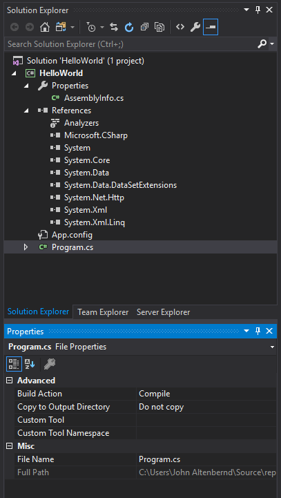 The properties of a selected item display in the Properties window.