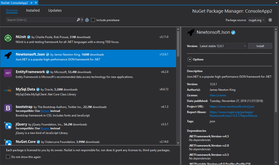 Explore packages in the NuGet library