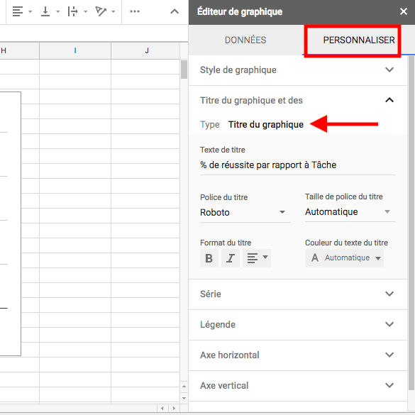 Capture d'écran du panneau de personnalisation de Google Sheets où vous pouvez personnaliser vos graphiques.
