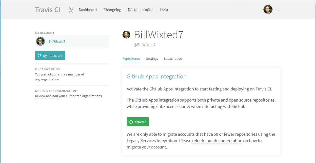 Activate GitHub Apps Integration in Travis