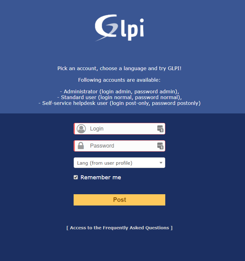Ecran de connexion à la version de test en ligne de GLPi