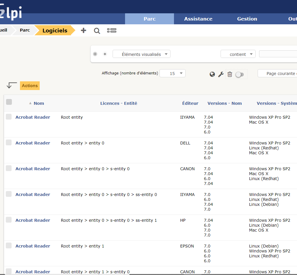 Liste des logiciels inventoriés dans GLPI