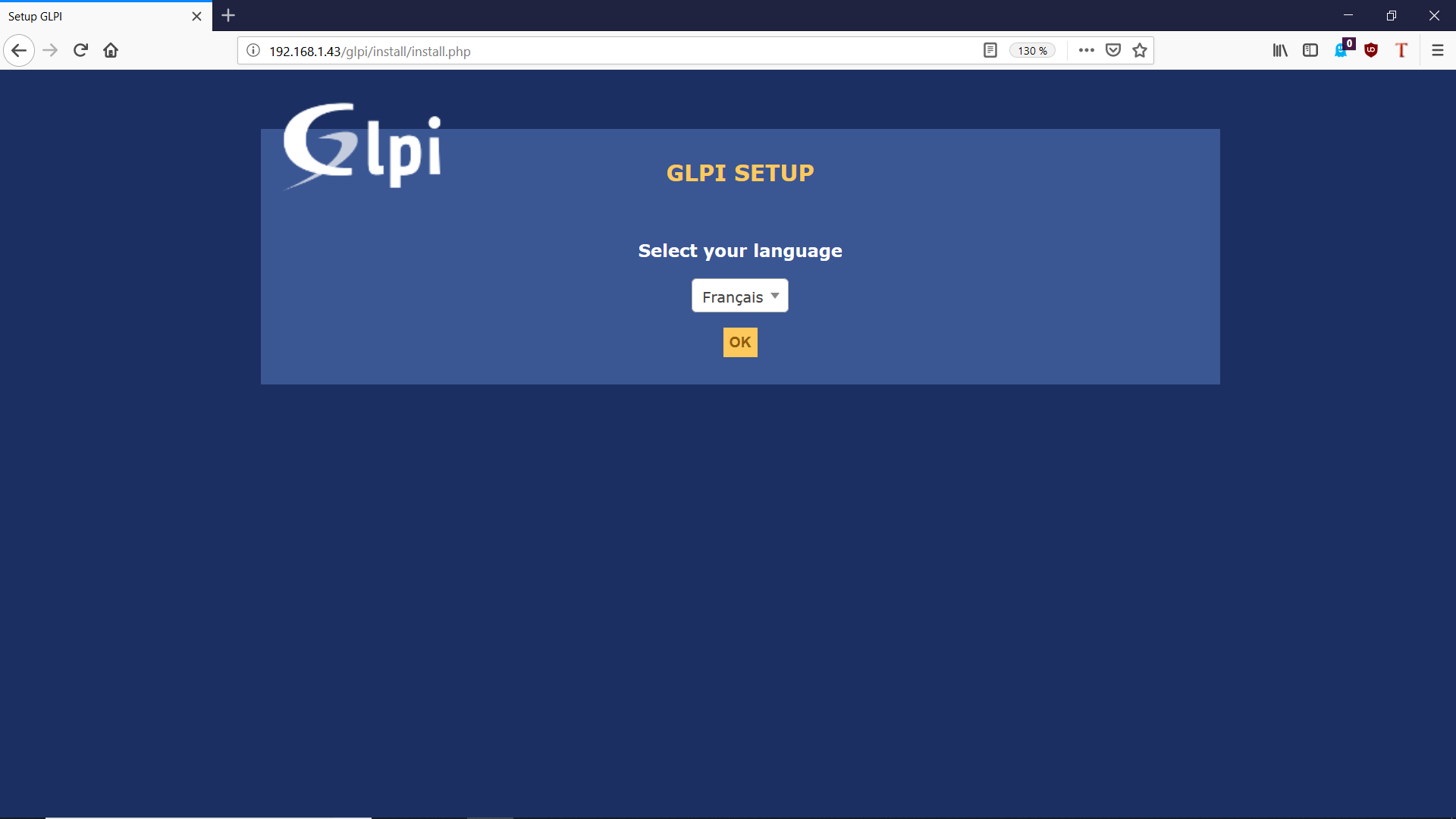 Page d'installation de GLPI