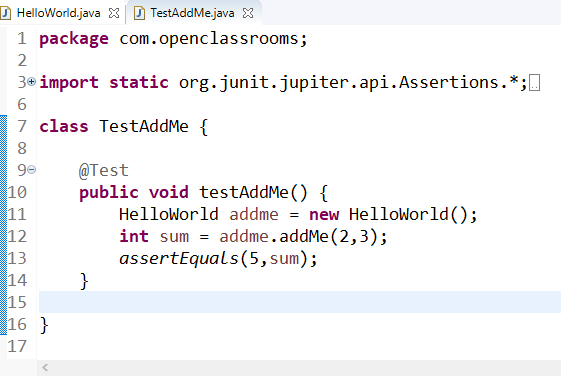 JUnit code to test addMe method