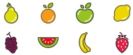 Une poire, une orange, une pomme, un citron, du raisin, une pastèque, une banane, une fraise.
