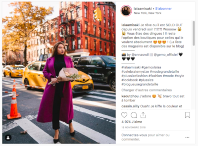 Post Instagram où l'on voit l'influenceuse Lalaamisaki porter les vêtements de la marque Gemo.