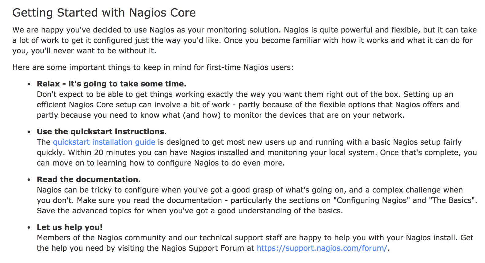 Page dédiée aux débutants sur le site de Nagios