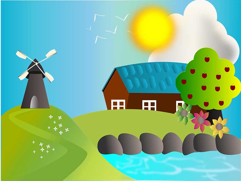 Illustration aux couleurs vives, représentant un moulin, une maison, un arbre et un étang.