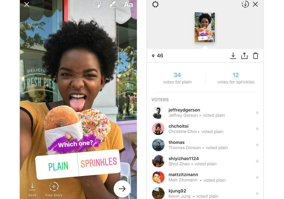 Présentation d'un sondage sur Instagram où l'on voit à gauche de l'image une fille qui tient deux donuts et demande à sa communauté de voté entre les deux. À droite de l'image, on voit les membre qui ont visionné ce sondage.