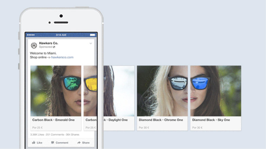 Présentation d'un caroussel Facebook : une même publicité comporte plusieurs images en swipant,  sur son smartphone, l'image vers la droite