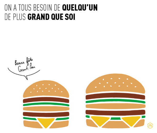 Publicité MacDonald's sur Facebook, représentant 2 burgers illustrés. Un plus petit disant à l'autre :