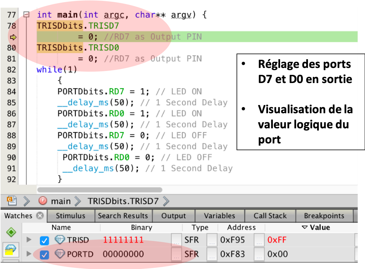 Code simple pour le pilotage d'une LED et résultat de la simulation