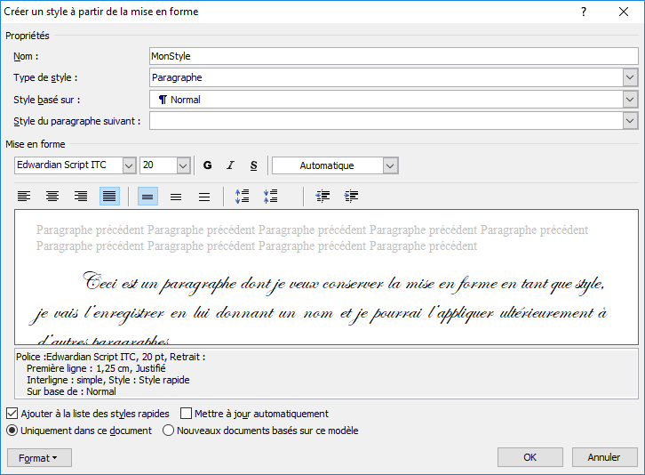 Capture d'écran d'un exemple de création de style d’après une mise en forme avec Microsoft Word 2010