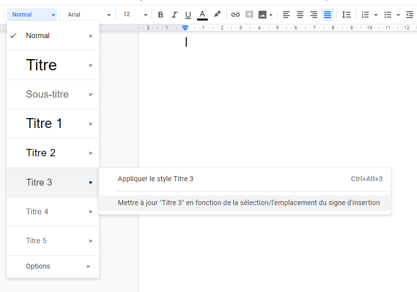 Capture d'écran présentant la mise à jour d’un style dans Google Docs
