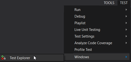 Menu for going into Test Explorer