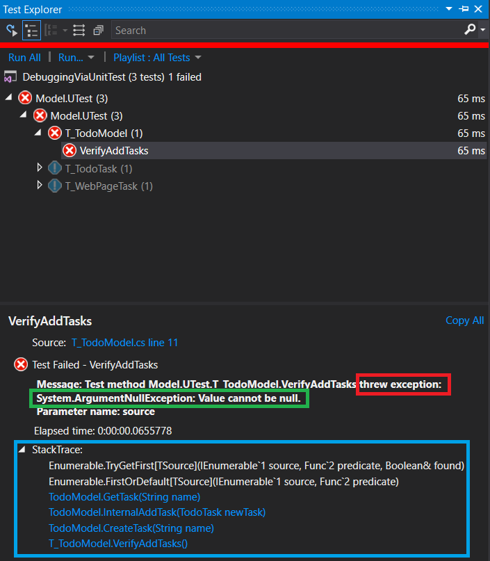 Failure in executing a unit test