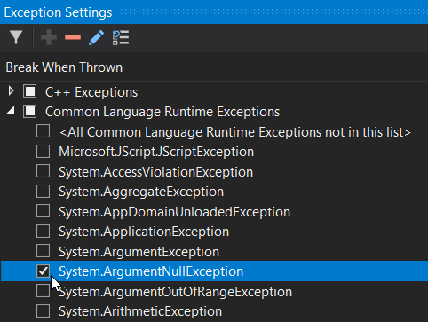 Exceptions configuration panel