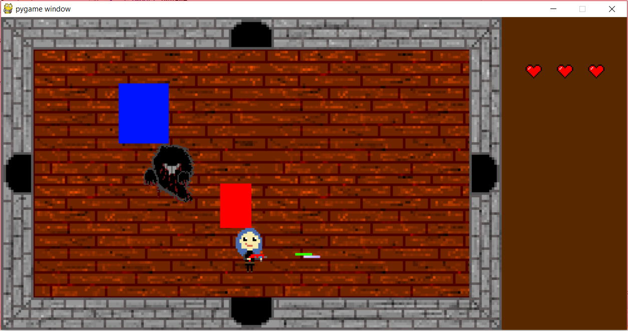 Voici une image du jeu montrant les rect mal placés du joueur, du monstre et du tir respectivement en rouge, bleu et vert