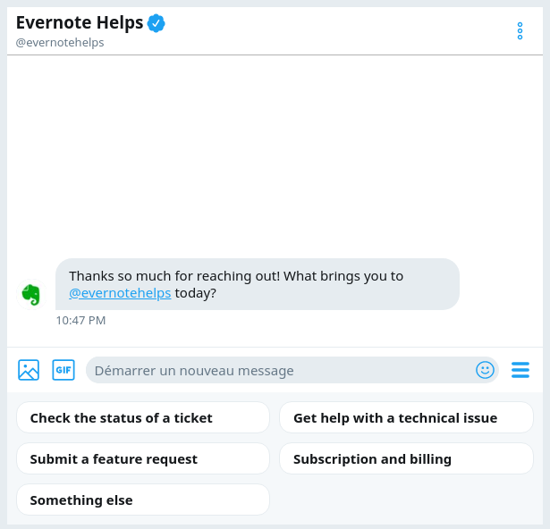 Le chatbot d'assistance d'Evernote sur Twitter - Capture d'écran